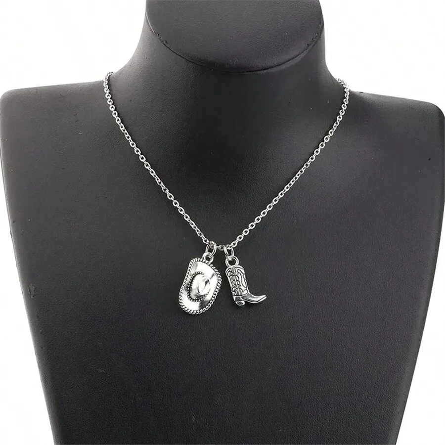 Collar con colgante de sombrero de vaquero y botas de vaquera en color plata antigua, estilo punk, para mujer, ideal para fiestas, regalo de joyería.