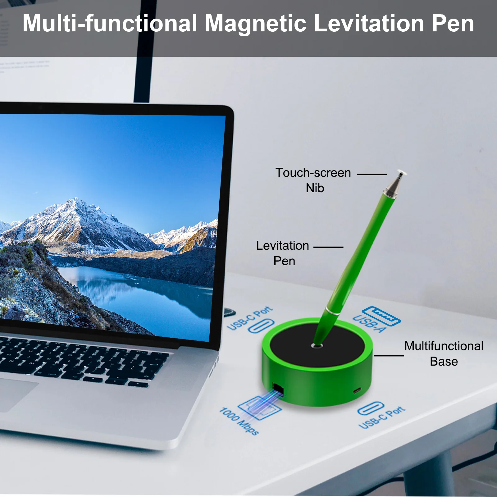 Elenzk Magnetic Floating Pen Equipped with Docking Station, 3 in 1 USB-C Hub with 1000Mbps Ethernet, Good Gift, Desk Accessories