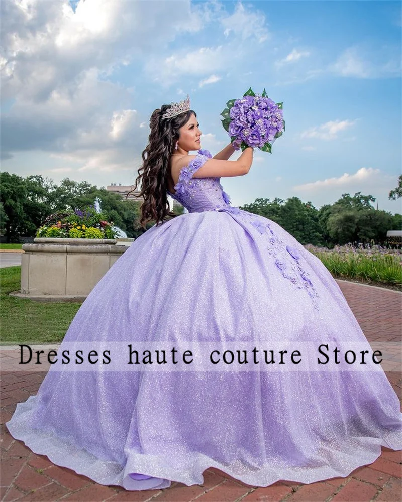 Luxe Paarse Tule Quinceanera Jurken 2023 Baljurk Bloemen Applique Kristal Sweet 16 Jurken Veteraan Verjaardagsfeest Op Maat