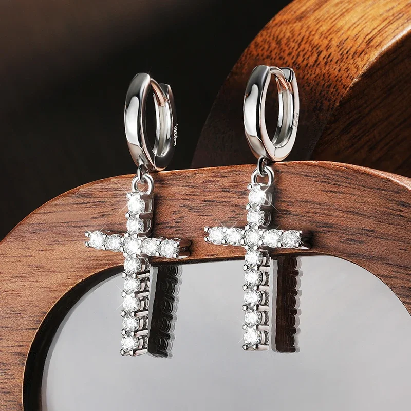 FCGJHW D VVS1 Cross Moissanite Earrings for Women Man Gifts with GRA Round Diamond Solid S925 Silver Plated 18k Earring 2026