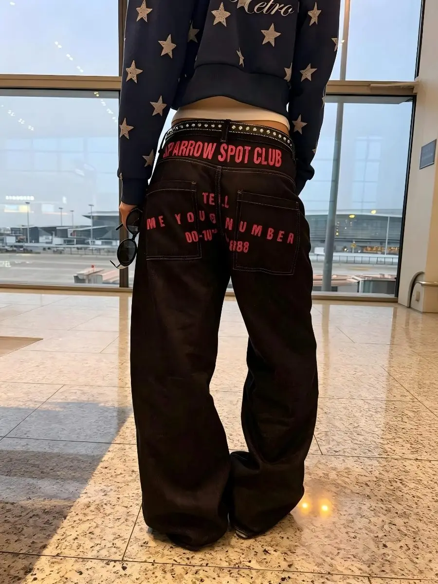 New Streetwear Low Rise Wide Leg Floor Length Baggy Jeans Featuring A Star Print Back Casual Versatile Denim Trousers for Women