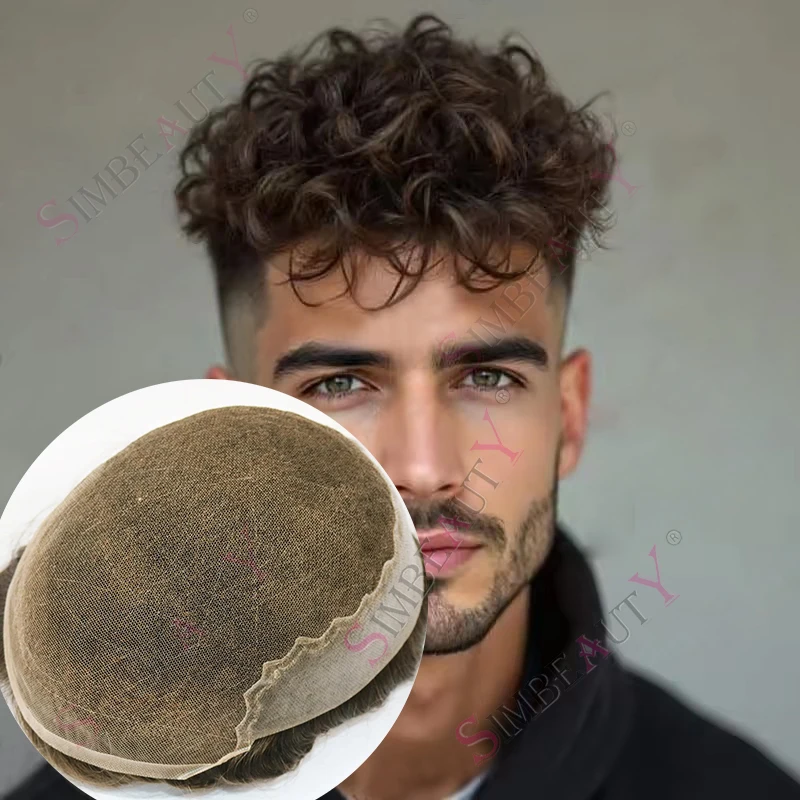 

Invisible Lace Front PU Base Ash Brown Men Toupee 20mm Curly Full French Lace Grey Black 1b20 1b80 Human Hair Replacement System