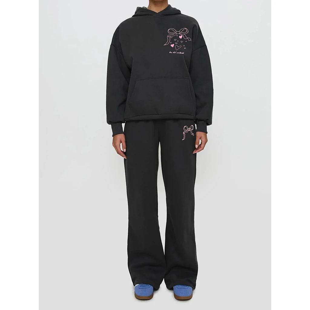 Combhasakiผู้หญิง 2 ชิ้นชุดออกกําลังกายน่ารักพิมพ์แขนยาวHooded Pullover + Drawstring Sweatpants Activewear Tracksuits