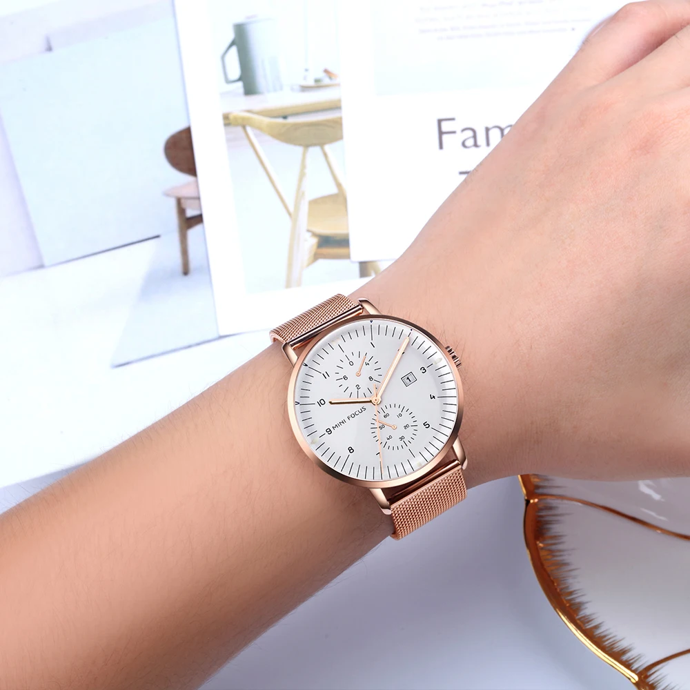 MINI FOCUS 0052 Business Männer Armbanduhr Kalender Leuchtende Wasserdichte Stahl Mesh-Armband Casual Quarz Uhren für Mann reloj hombre