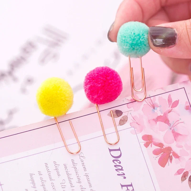 6pcs Color Random Cute Hairball Rose Gold Paper Clip DIY Modelling Plush Ball Paper Clip Bookmark School Supplies Stationery