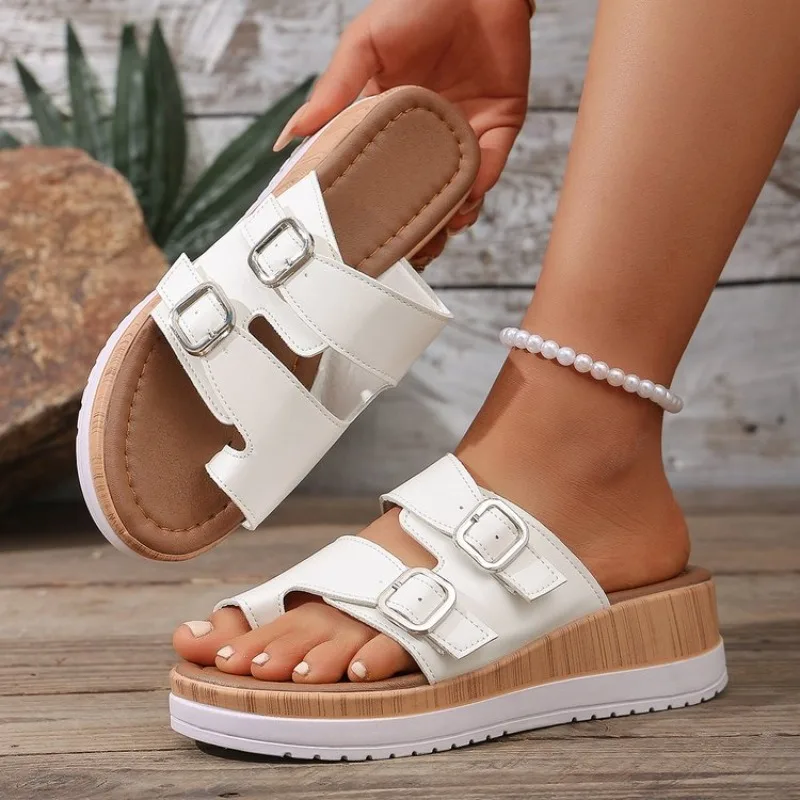 Women's Wedge Sandals Open Toe Low Heel Strappy Slip on Footwear Adjustable Buckle Design Wood-Grain Look Sole Casual Style 2026