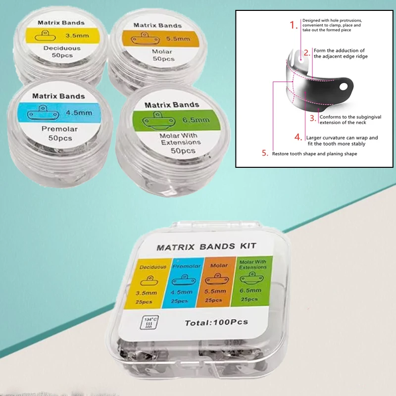 

Комплект стоматологических матричных лент, 4 размера (3,5/4,5/5,5/6,5 мм) — металлические контурные инструменты для наполнения зубов для использования в стоматологической клинике