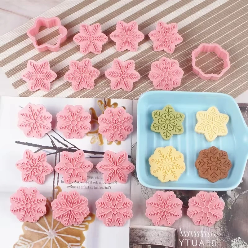 Moule à Biscuits de Noël en Plastique 3D, Flocon de Neige, Type Presse, Timbre, ixdu Nouvel An, Outils de Cuisson, 9 Pièces