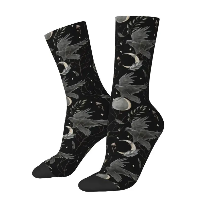 Cool Printing Crow Moon Socks for Men Women Stretchy Summer Autumn Winter Halloween Spooky Witch Crew Socks