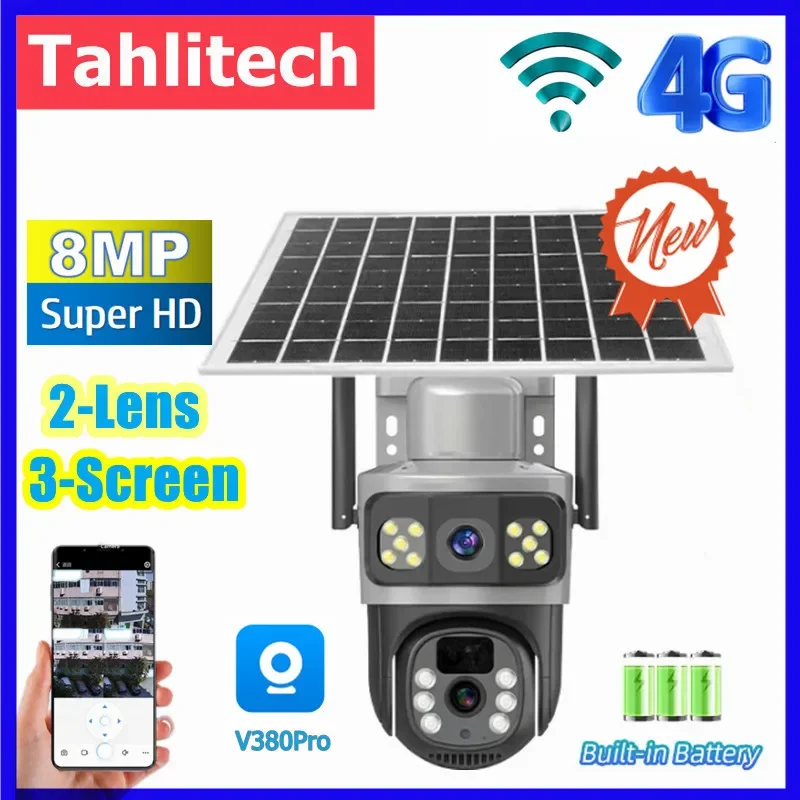 

Солнечная камера с двумя объективами, 8 МП, 4G SIM-карта, CCTV, беспроводная Wi-Fi, солнечная уличная водонепроницаемая IP-камера 360°, PTZ 4K, 8 МП, солнечная