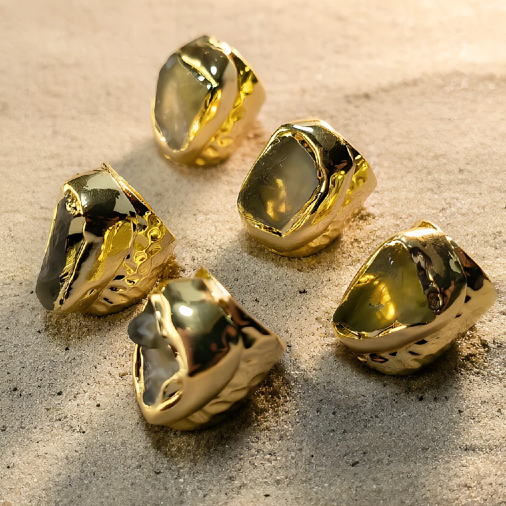 Fluid Cast Collet Set Freeform Raw Natural Healing Stone Golden Plated Thick Shank Bold Cocktail Rings Bulk R2G098