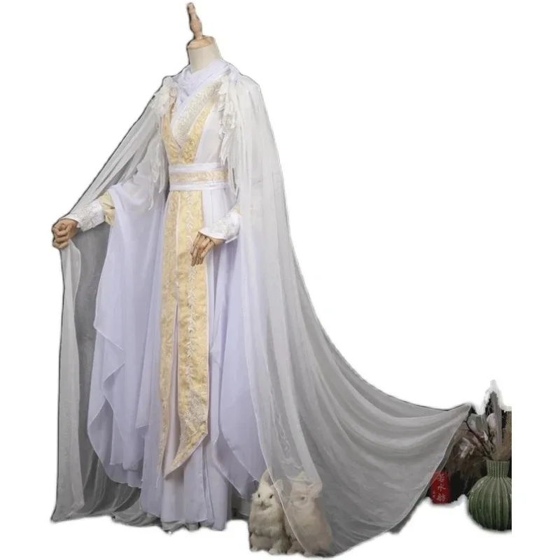 Bendición oficial del cielo Xie Lian, pelucas de disfraz, accesorio de bambú, traje HanFu blanco, tela de Halloween, sombrero Tian Guan Ci Fu mb.3