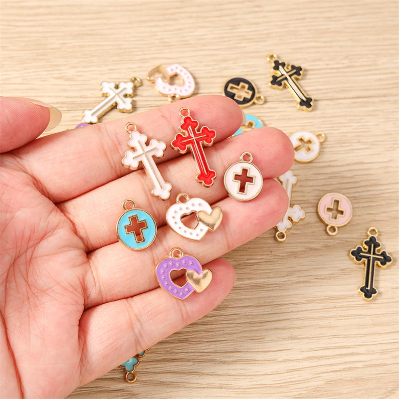 10pcs Cute Mix Enamel Cross Love Heart Charms Pendants Fit Necklaces Earrings Bracelets DIY Crafts Jewelry Making Accessories
