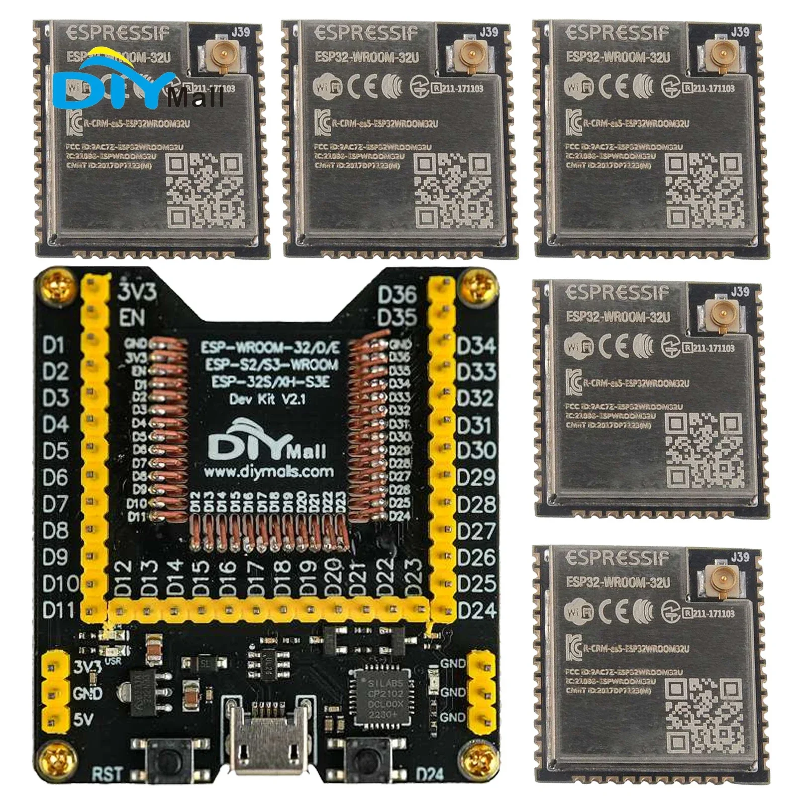 ESP32-WROOM-32U Wi-Fi BT BLE Module 4MB Flash ESP32-D0WD Core with ESP32-WROOM-32 Burn Fixture Test Board for ESP32