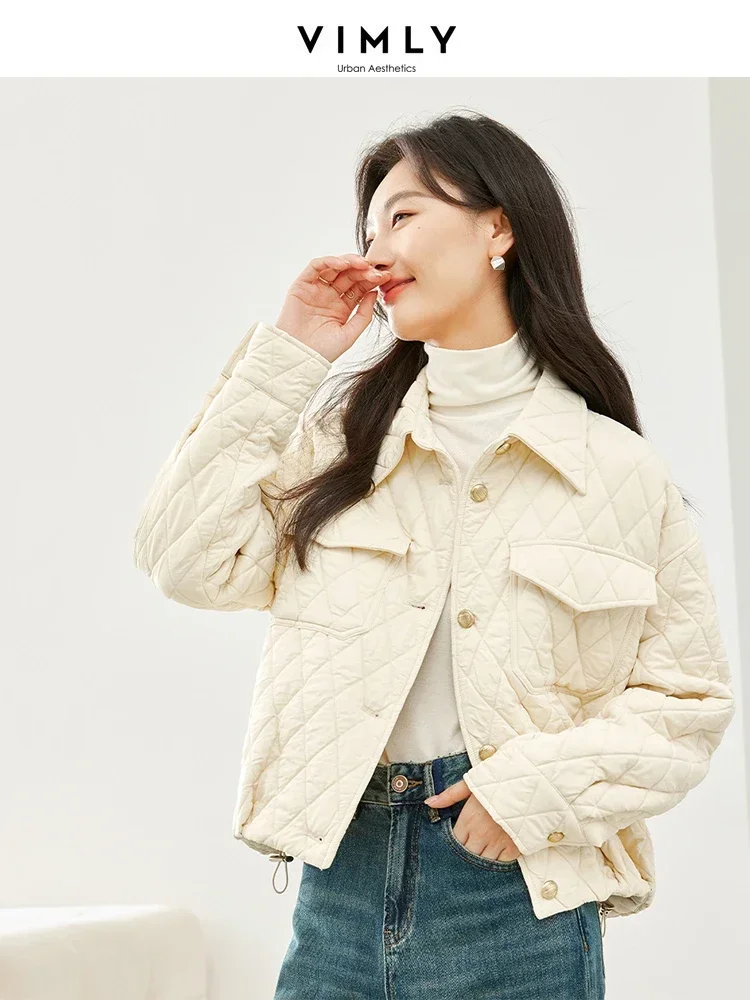 Vimly Apricot Argyle Lapel Parka 2023 Thick Winter Jacket Women Casual Loose Long Sleeve Coat Female New in Outerwear M5571