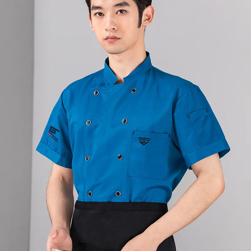

Рабочая униформа шеф-повара для мужчин, с короткими рукавами, летняя, тонкая, из чистого хлопка, дышащая, белая, для кухонного персонала, одежда больших размеров.