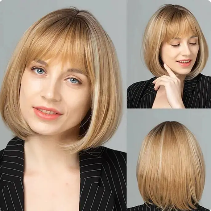 Peruca curta loira clara para mulheres, cabelo liso natural, peruca bang limpa, peruca loira de cabelo humano, peruca à fantasia