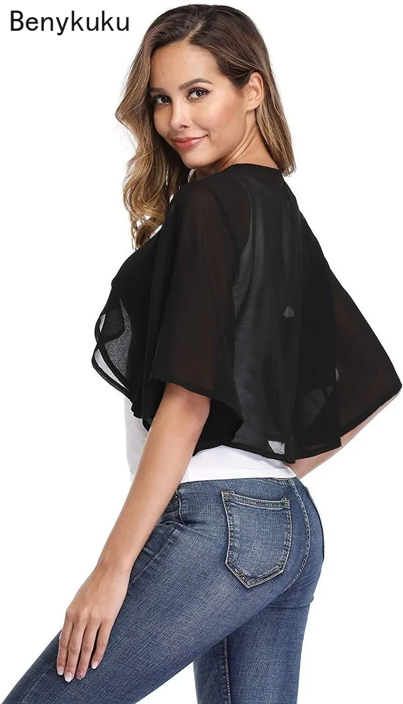 Summer Solid Chiffon Shirts Capes Women Half Sleeve Shrug Open Front Bolero Tops Cardigan Elegant Female Clothes Black White Red