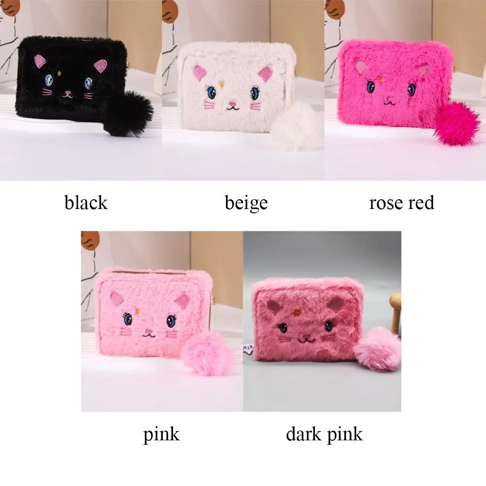 Draagbare geborduurde korte rits portemonnee pluche kasjmier schattig katje portemonnee clutch dames