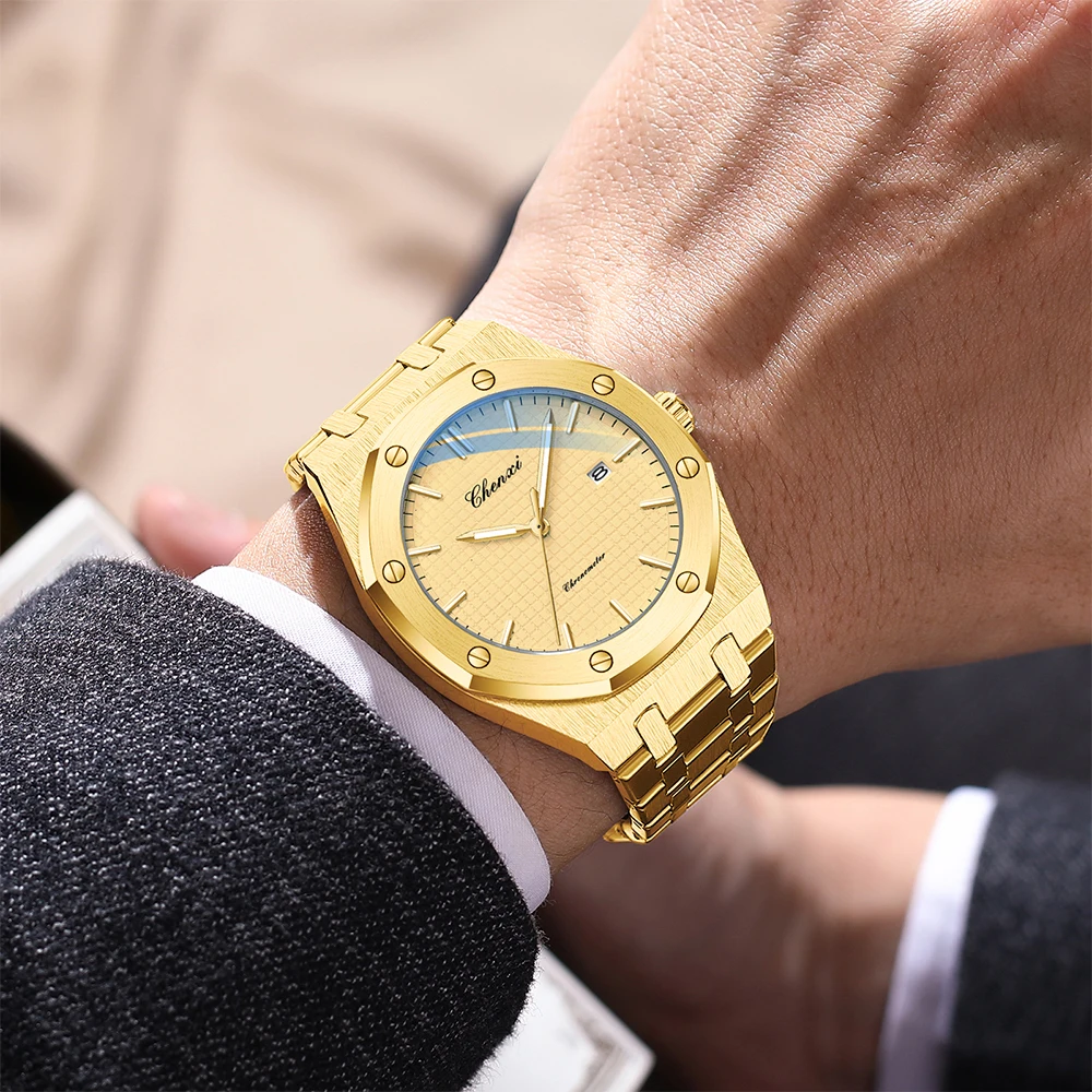 CHENXI ساعات يد رجال الأعمال باللون الذهبي والفضي، ساعات رجالية مضيئة مقاومة للماء، ساعة كوارتز للرجال