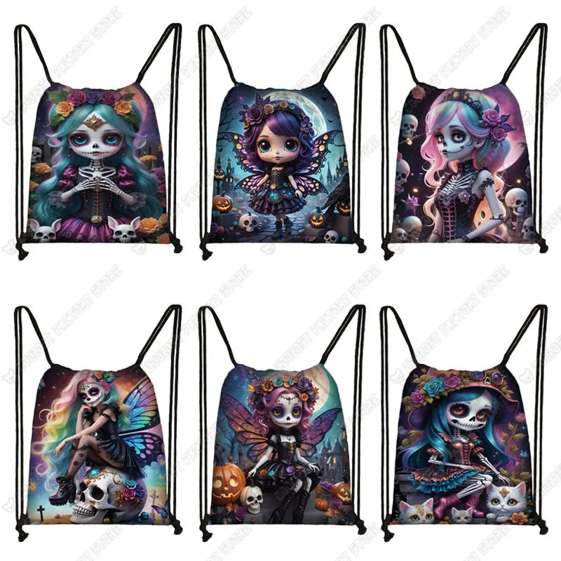 Gothic Skull Fairy Print Drawstring Bag for Travel Gothic Skeleton Girl Cartoon Backpacks Teenager Bookbag Shoes Holder Gift