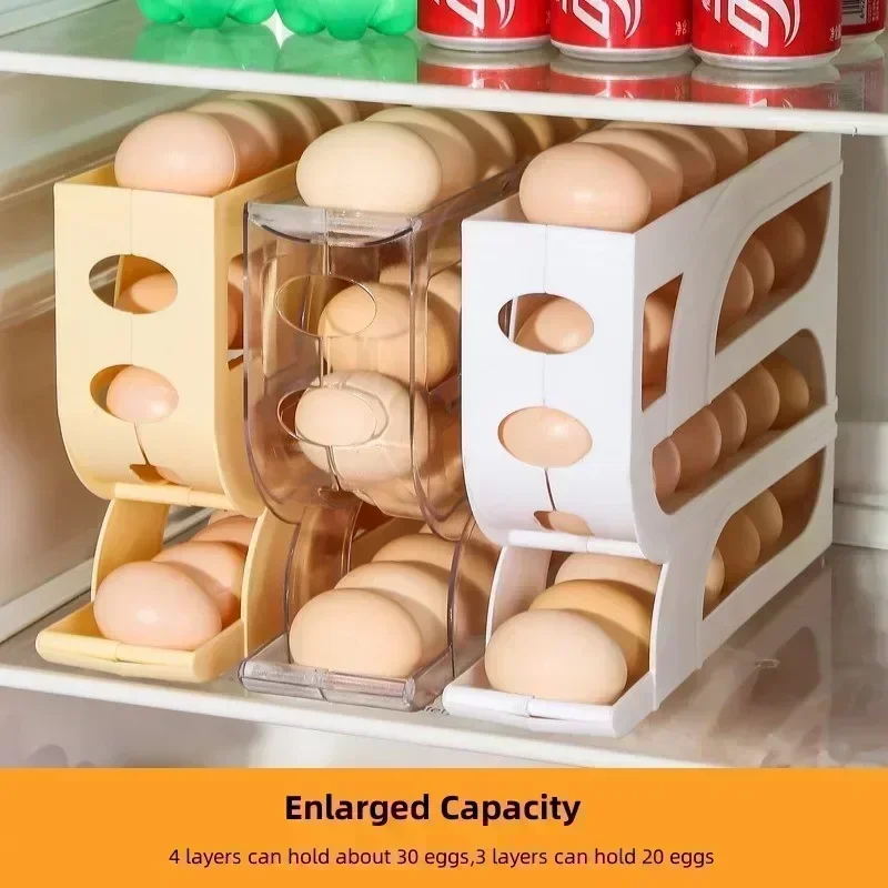 3/4 Tier Egg Holder for Fridge,Auto Rolling Fridge Egg Organizer Storage Box,Large Capacity Refrigerator Egg Dispenser Rack