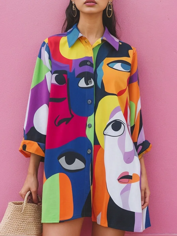 

Freeacy Women's Abstract Print Shirt Lapel Collar Long Sleeves Buttoned Colorful T-shirt Spring and Autumn Fashion Loose Blouse