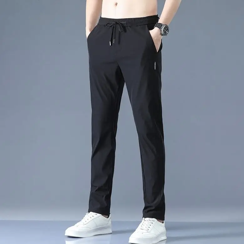 Men's Casual Pants Summer Solid Breathable Drawstring Pocket Straight Trousers Male Thin Quick-Drying Sweatpants Sports Pants