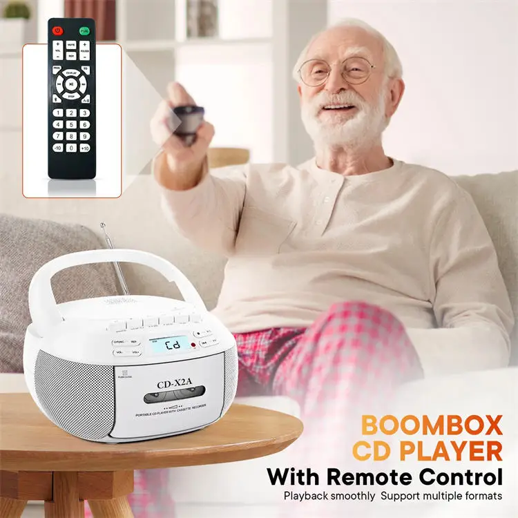 CD Player Boombox Cassette Combo with MP3 AM FM Radio Remote Control Tape Recording LCD Display Home Kids Gift DC Power Source