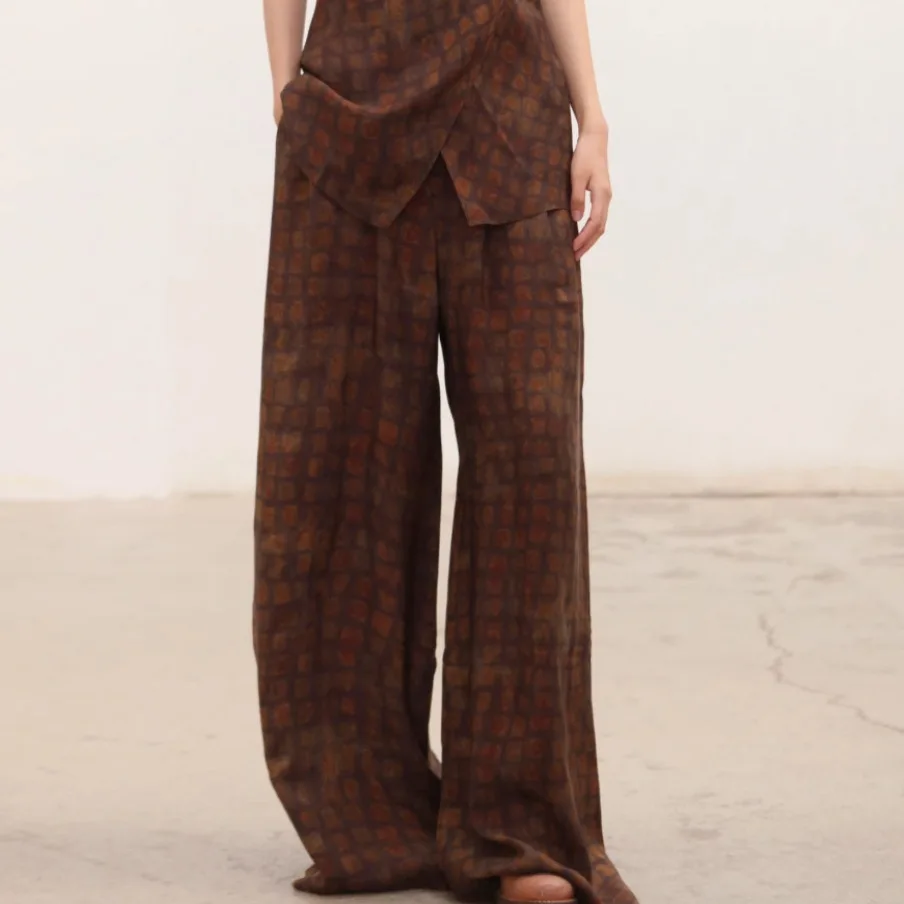 

Withered Small Grid Print Retro Loose Personality High-end Fashion Silky Wide Leg Pants Women's Pants Women's Pants And Trousers