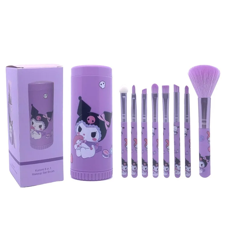 Cute Cartoon Kuromi Makeup Brush Set, Portable 8-in-1 Tube Pack, Comfortable & Durable, Must-have for Beginners, Holiday Gift