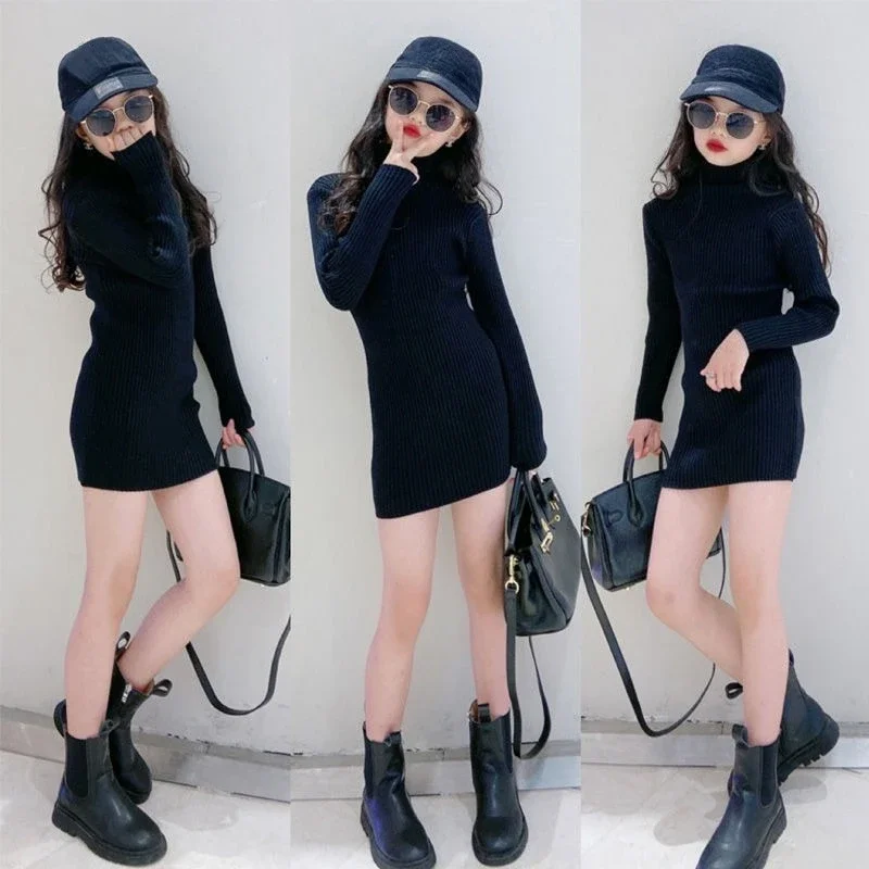 Girls' 2025 AW Stretchy Slim Fit Pullover Stylish Slimming Base Knitted Dress for 4-12Y