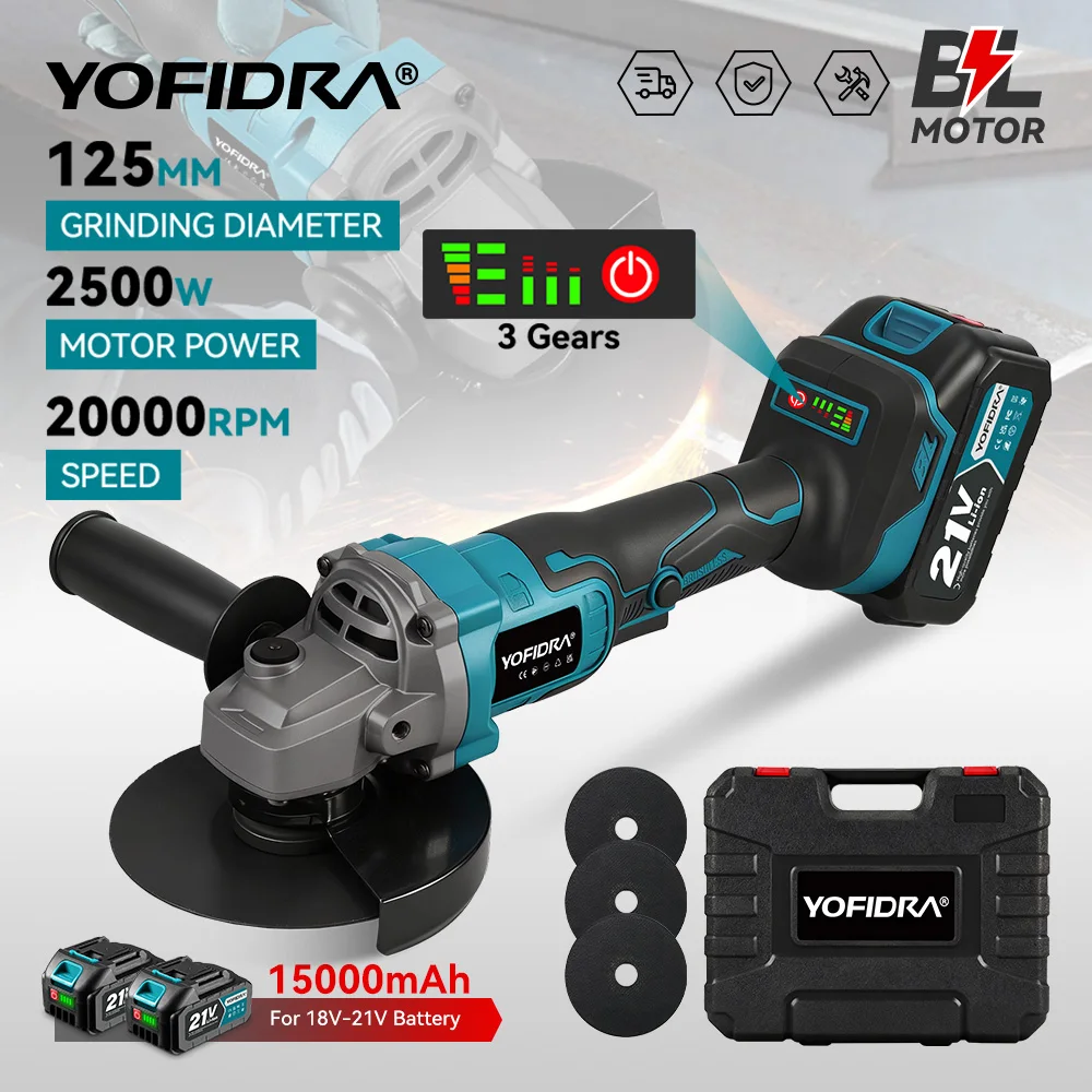 Amoladora angular inalámbrica YOFIDRA de 125 mm y 3 velocidades, herramienta eléctrica para cortar y trabajar la madera, compatible con baterías Makita.