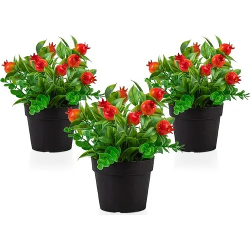 Çiçekmisin 3 Pcs Black Mini Plastic Tubs Artificial Pomegranate Blossom