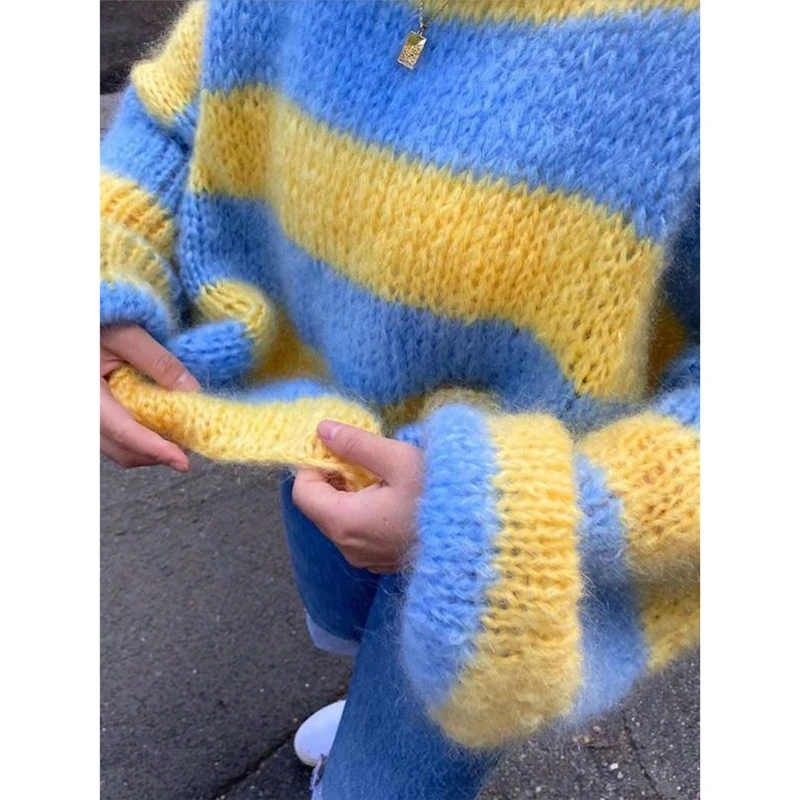 Women Warm Winter Fall Lantern Long Sleeve Sweater Boat Neck Fuzzy Striped Contrast Color Oversized Knitwear Pullover Tops