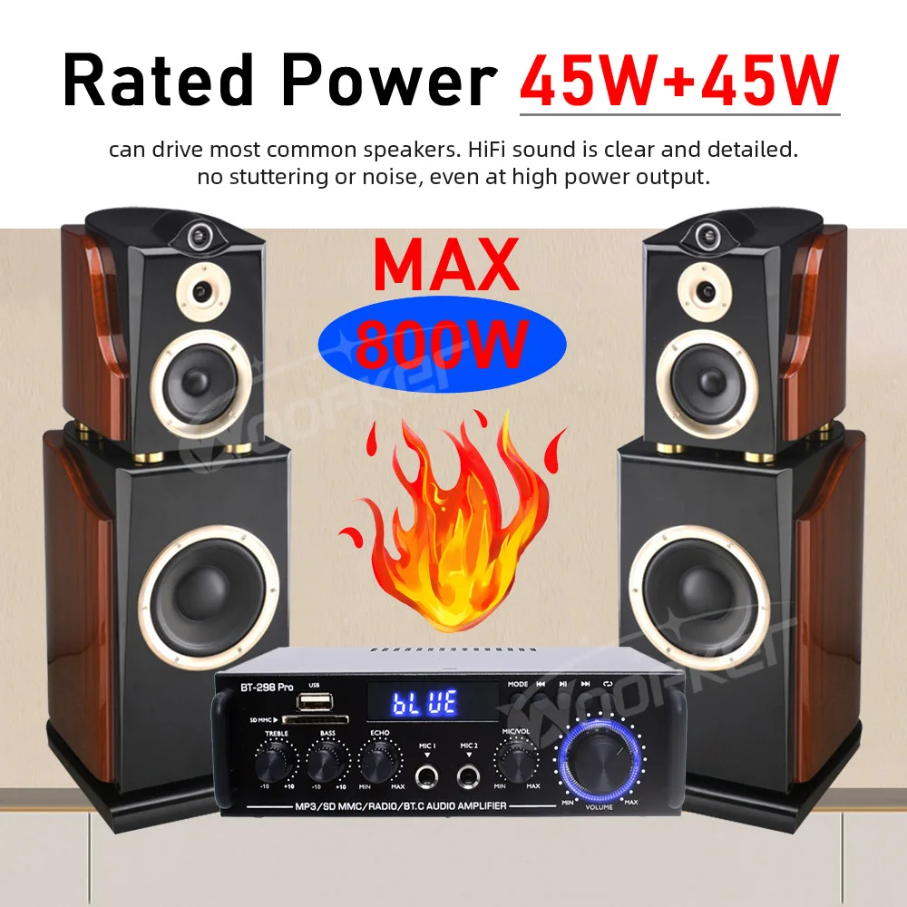 Woopker Power Amplifier BT-298 Pro 2.0 Channel Stereo Bluetooth AMP with Remote Max 800W for Home Theater Speakers Subwoofer