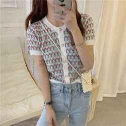 Summer 2022 Hot Shredded Ice knit Short sleeve Cardigan Women half sleeve coat cotton thread top loose T-shirt