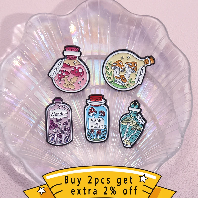 Wonder Dream Mushrooms Bottle Enamel Pins Custom Made Of Magic Brooches Lapel Badges Funny Jewelry Gift For Kids Friends
