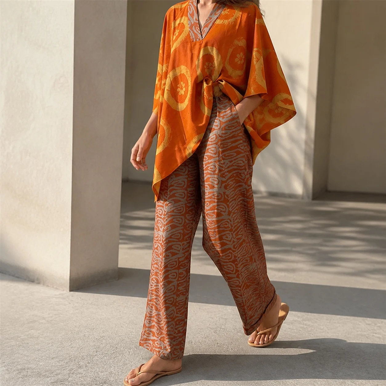 Printed Two Set High Waist Straight Leg Pants Full Length Sweet Fresh with Abstract Pattern Shirt Top Long Sleeve Women Sets