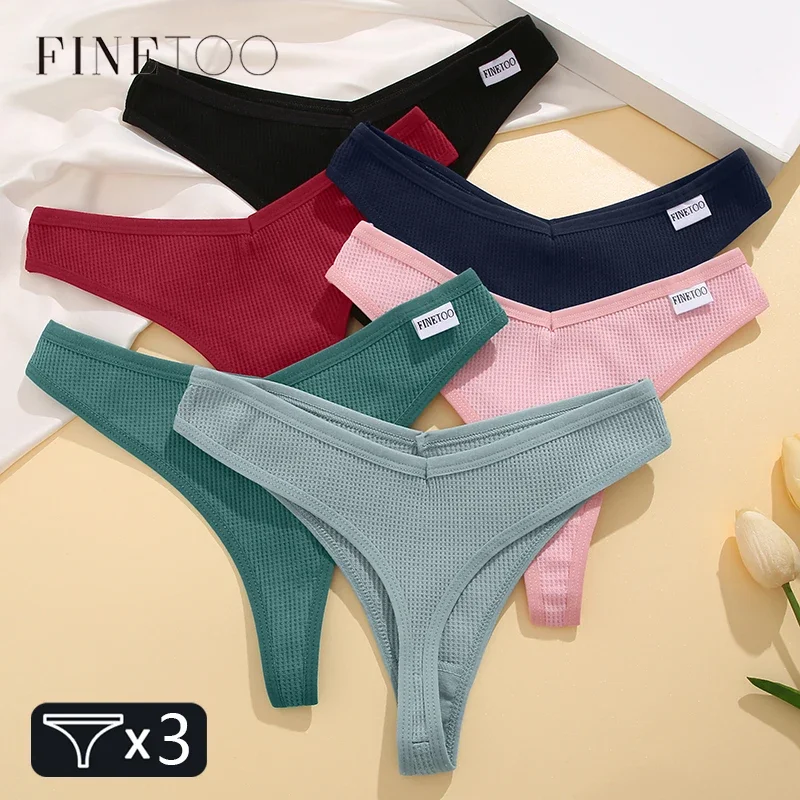 FINETOO ผู้หญิง Cotton Thongs 3 ชิ้นสบายวาฟเฟิล G-String หญิง Low-Rise T-Back ชุดชั้นใน S-XL บิกินี่กางเกงชุดชั้นใน