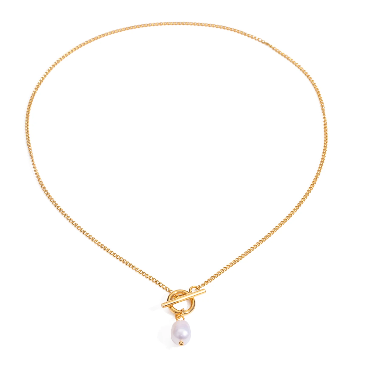 18K Gold Plated Charm OT Buckle Freshwater Pearl Pendant Flat Chain Necklace ​Women Stainless Steel Minimalist Jewelry