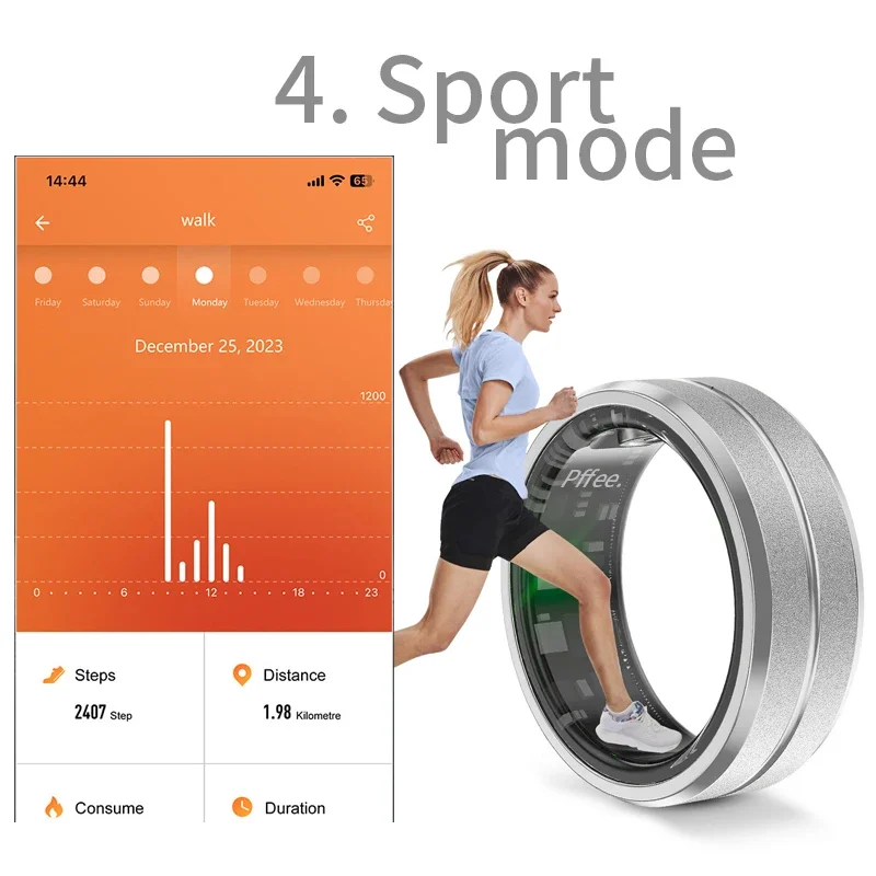 Pffee Anelli in acciaio inossidabile per donna Uomo Gioielli di lusso App Smart Ring Sport Health Tracker Frequenza cardiaca Monitor di ossigeno nel sangue