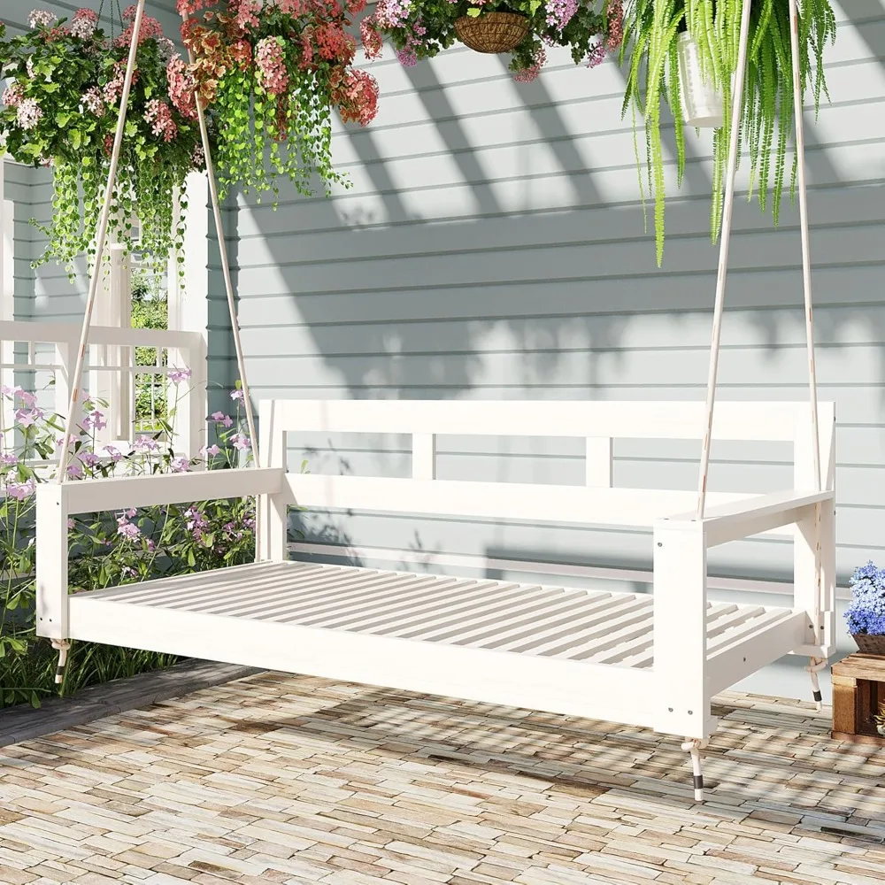 

Patio Wooden Twin Size Porch Swing Daybed Frame, Garden Swing Bench Chair with 4 Hanging Ropes for Backyard, Outdoor, White