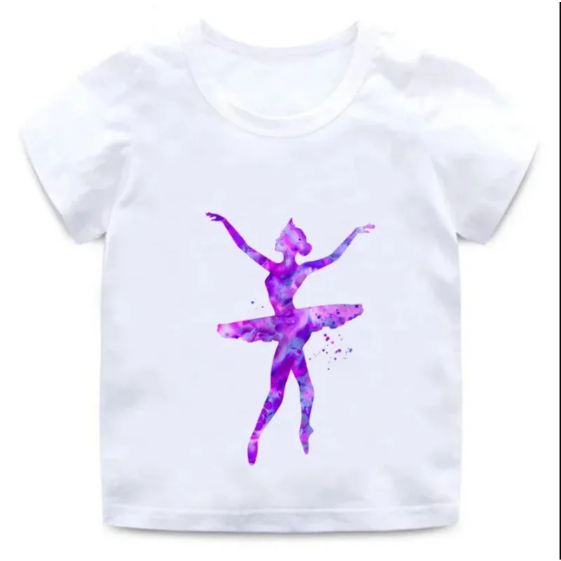 Girls Elegant Ballet Dance Posture Print Children's  T-shirt Ballet Summer Round Neck T-shirt Tops