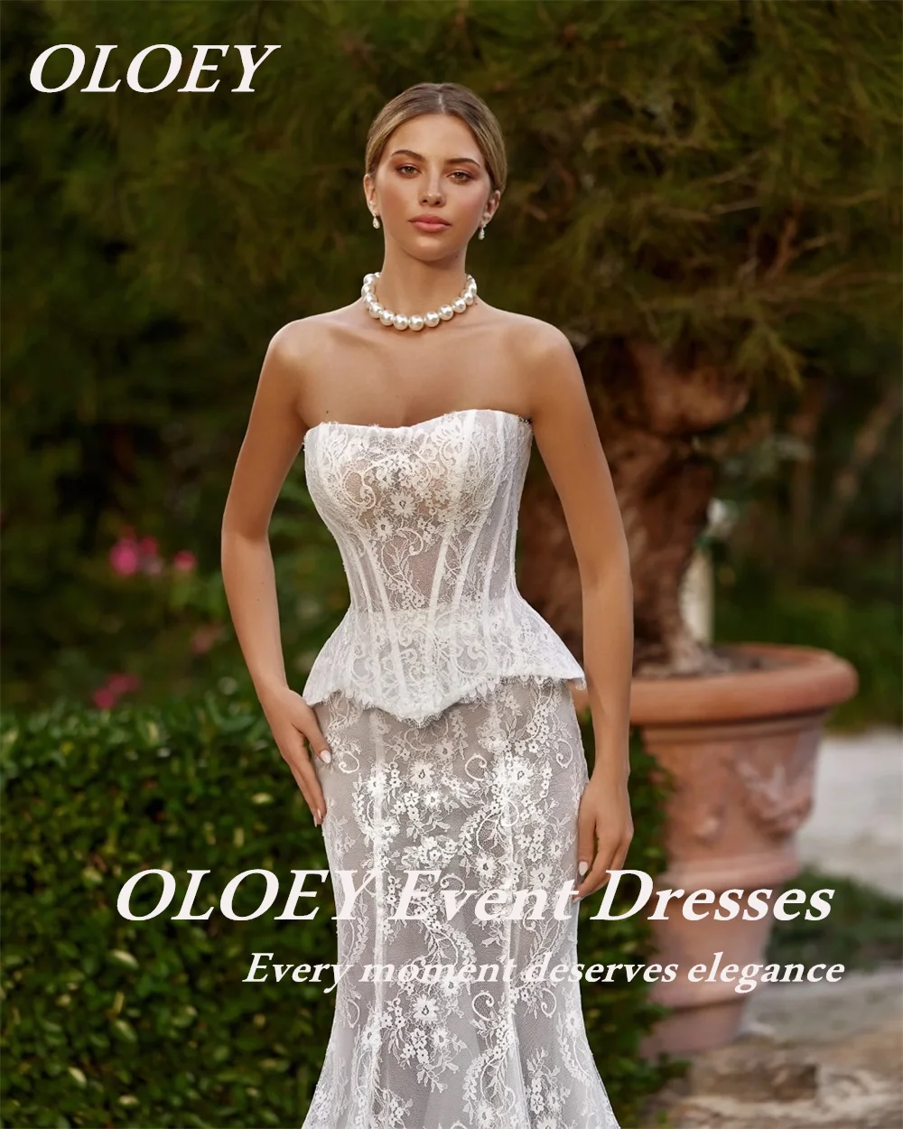 

OLOEY Elegant Strapless Lace Mermaid Wedding Dresses Illusion Fishbones Customized Bridal Gowns Robe De Court Train Lace-up