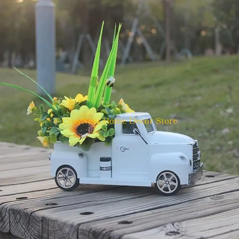 92MF Vintage Truck Decors with Artificial Flower Vintage Farm Pickup Farmhouses Tabletop Tiered Tray Decors for Home Kitchens