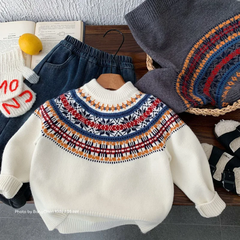 

2026 Autumn Winter Snowflake Daily Children Boy Girl Knitt Jumper Fair Isle Pullover Sweater Thick Warm 2-12 Years Top Outfit
