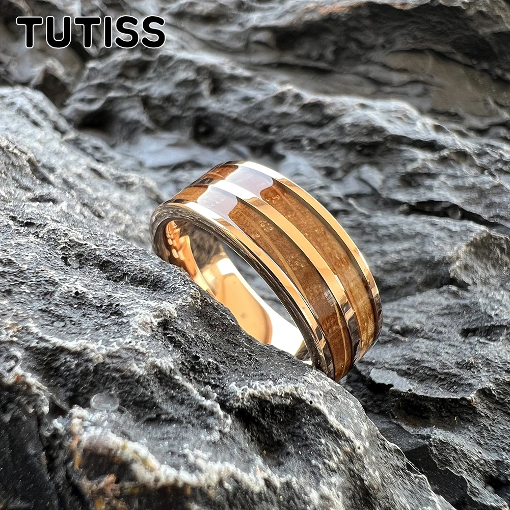 TUTISS 8mm men's and women's tungsten ring flat double groove inlaid wine barrel wood for comfortable fit