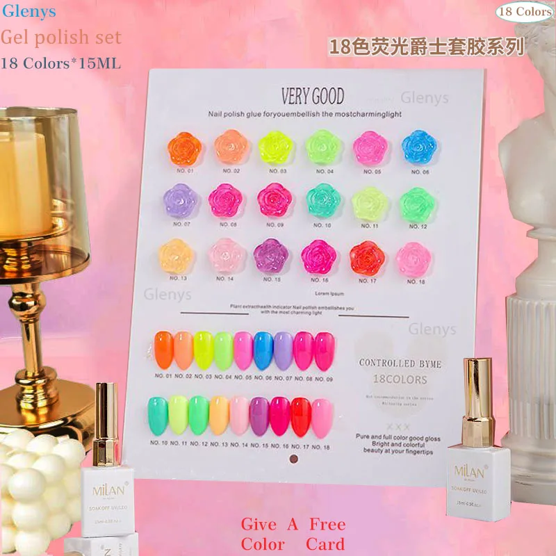 Glenys 18 لون طلاء الأظافر الغراء شعبية شبه دائمة الغمر هلام بطاقة اللون الأشعة فوق البنفسجية LED صالون الأظافر مجموعة الورنيش الفنية