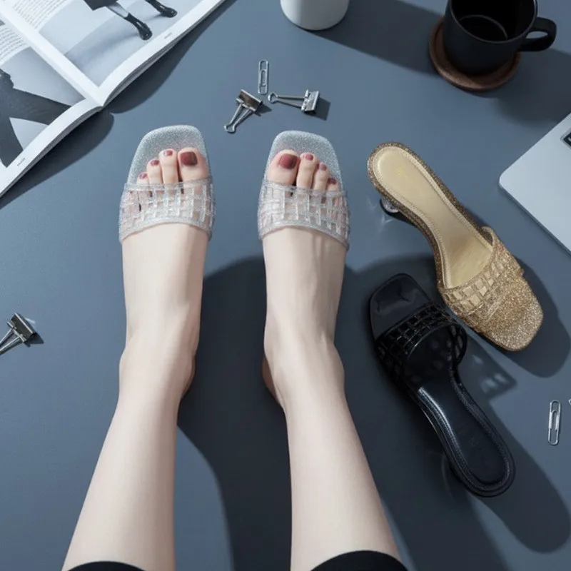 Women's New Sandals Pair of Flip Flops Wearing Square Headed Fashionable Wine Glasses and Crystal Jelly Slippers - view 6